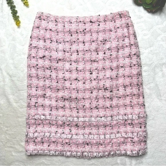 Escada Tweed Plaid Midi Pencil Skirt in Pink Black White Womens 36/ US 6
