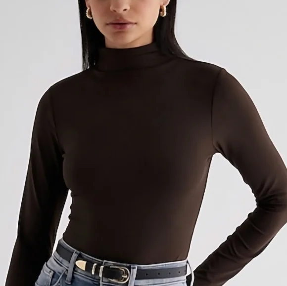Express Dark Brown Mock Neck Long Sleeve Top