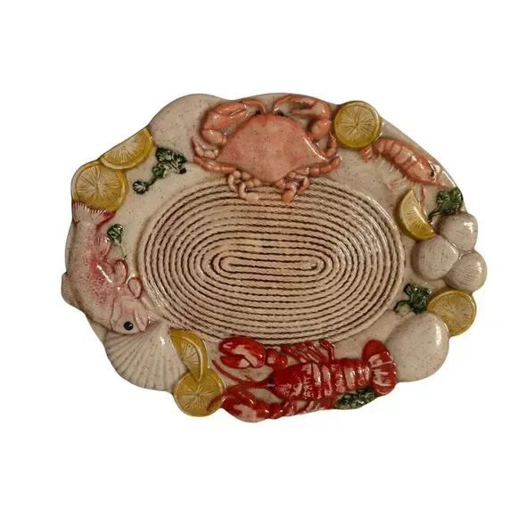 Vintage Multicolor Ceramic Sculpted Seafood Oval Platter 14