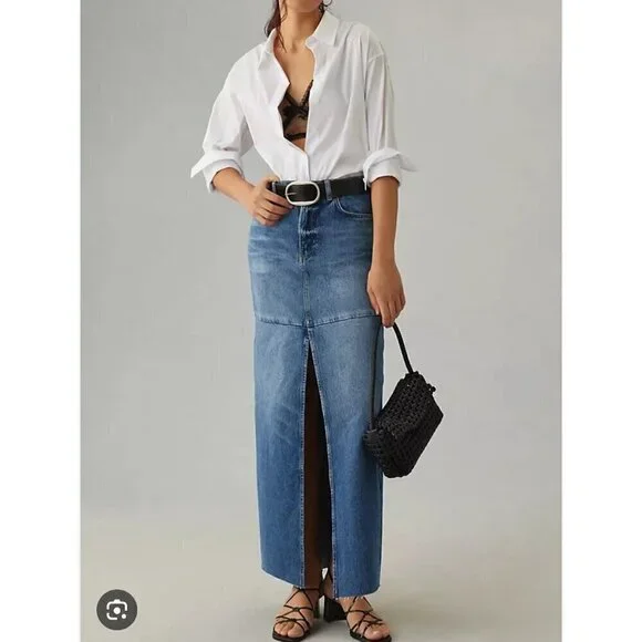 Reformation Tazz denim slit front maxi skirt, blue, Size 26 M65