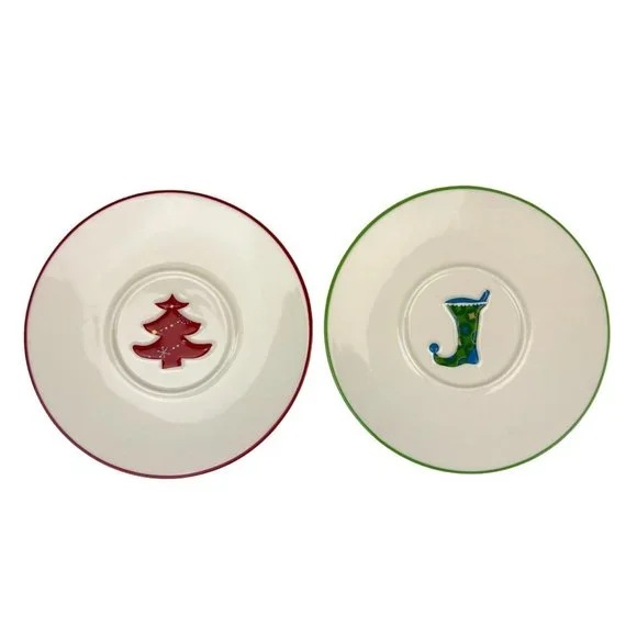 Starbucks 2006 Set of 2 Christmas Saucer Plates, Red Tree, Green Blue Stocking