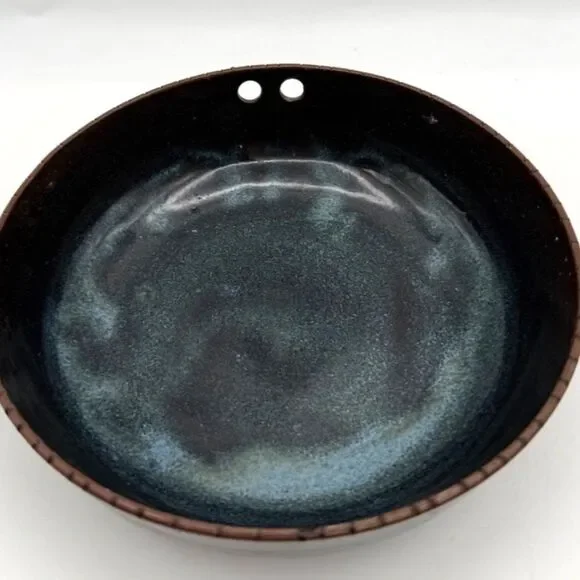 Vintage Japanese Ramen Bowls Chopstick Holes Blue Glaze 6