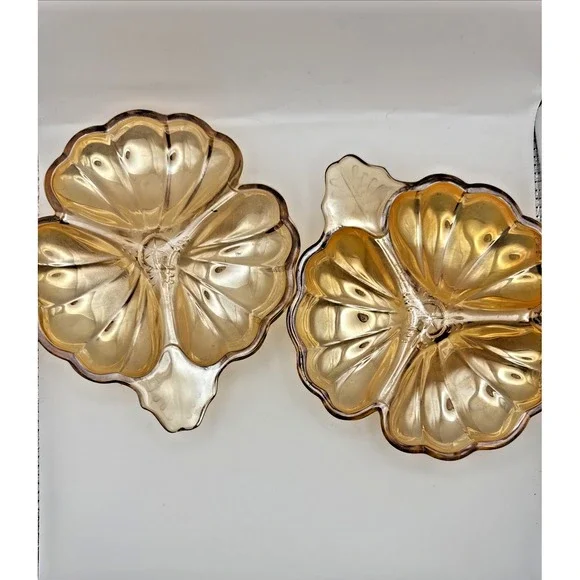 Vintage Jeanette Marigold Carnival Glass 3 Leaf‎ Clover Shaped Candy Dish Set 2