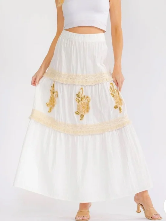 Bohemian womans White Maxi Skirt with Gold Embroidery Size S-M-L
