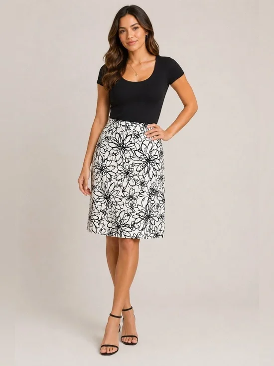 Cato Black White Floral A-Line Skirt Size 6 Feminine Retro Office Chic