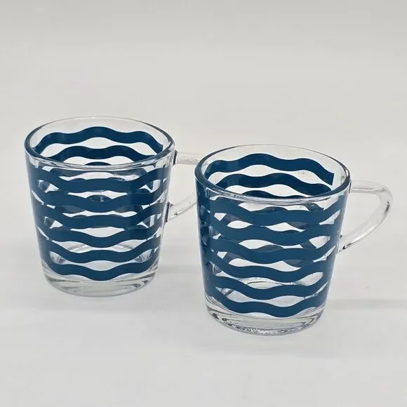 Set of 2 IKEA Glass Mugs 18314 Blue Wave Made in France