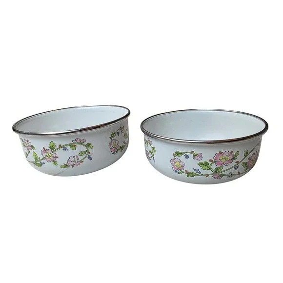 Kobe Kitchen Enamelware Floral Mixing Bowls Set of‎ 2 White Made in Japan 6 G1