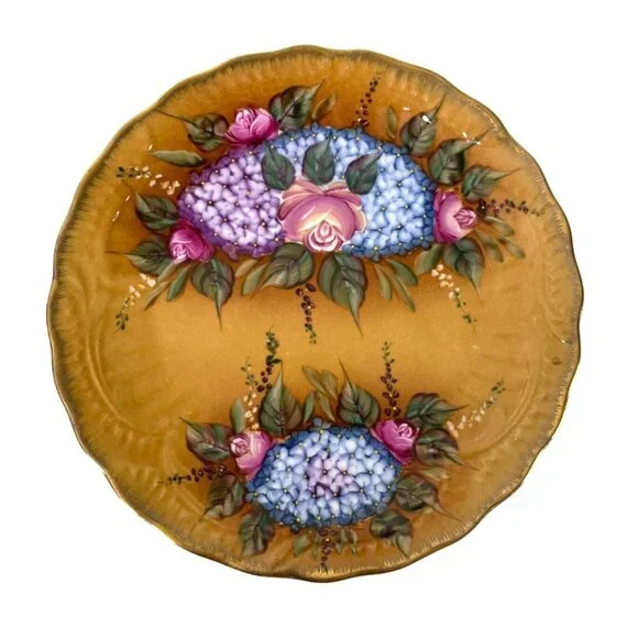Decorative Orange Floral Plate, Made in China, Pink Purple Blue Gold Edge Detail