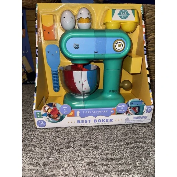 FAO Schwarz Best Baker Pretend Spinning Mixer-12pc Kitchen‎ Playset Seal NIB🥚🥣