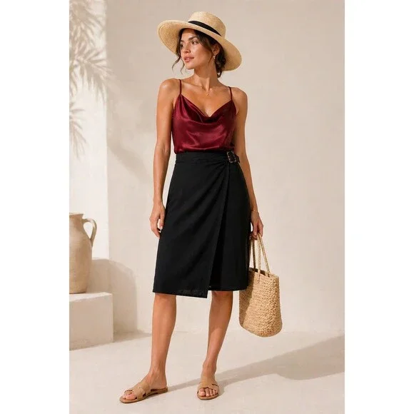 Max Studio Norstrom Women Black Wrap Skirt L Tortoiseshell Buckle Midi Rayon