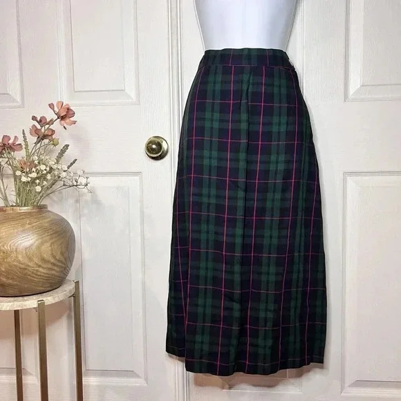 Vintage Blue Plaid‎ Handmade Pleated Skirt Waist 24 Academia Holiday Old Money
