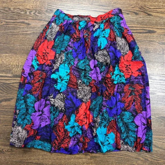 Vtg Worthington Floral Skirt Womens 18 Purple Teal Rayon Pleated Pockets