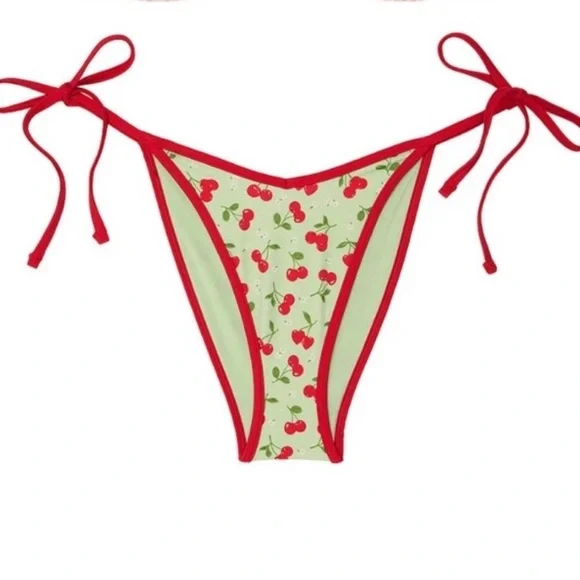 New! Frankie’s Bikinis x Pink Cherry Print Bikini Bottom green 1544