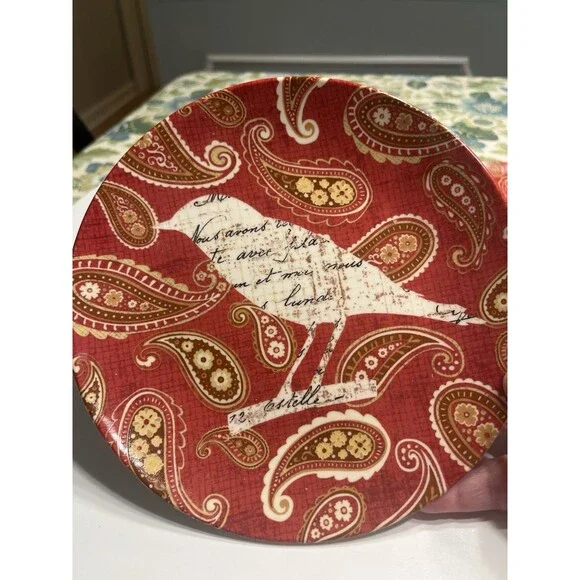 Pier 1 Imports Bird Red Paisley 7.75” Luncheon Dessert Plates 4pc