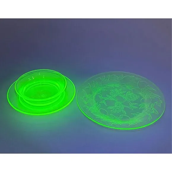Vintage Vaseline Uranium Glass Plate & Bowl Combo Set Depression Glass MCM