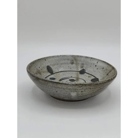 Vintage Studio Pottery Bowl Gray Speckled Glaze Spiral Dot Design Signed MI 9/96