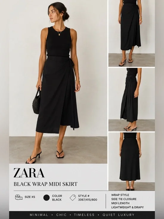 Zara Black Side-Tie Wrap Midi Skirt