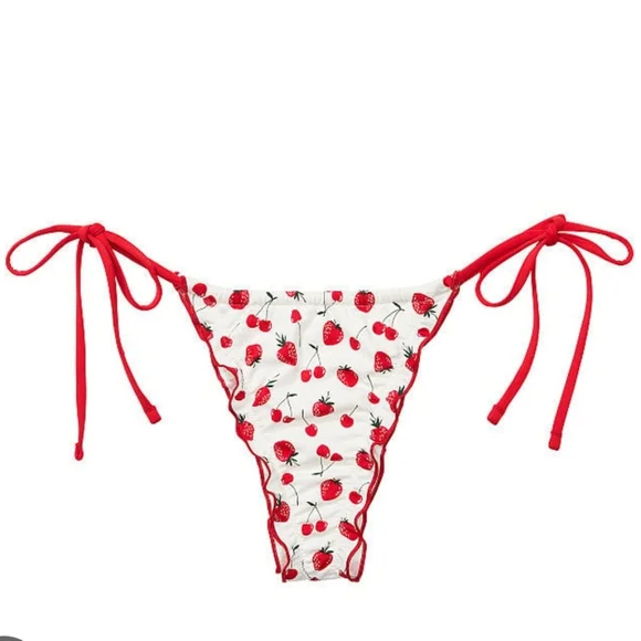 New! Frankie Bikini Summer Berries Strawberry Print Bikini Bottom with Red Ties