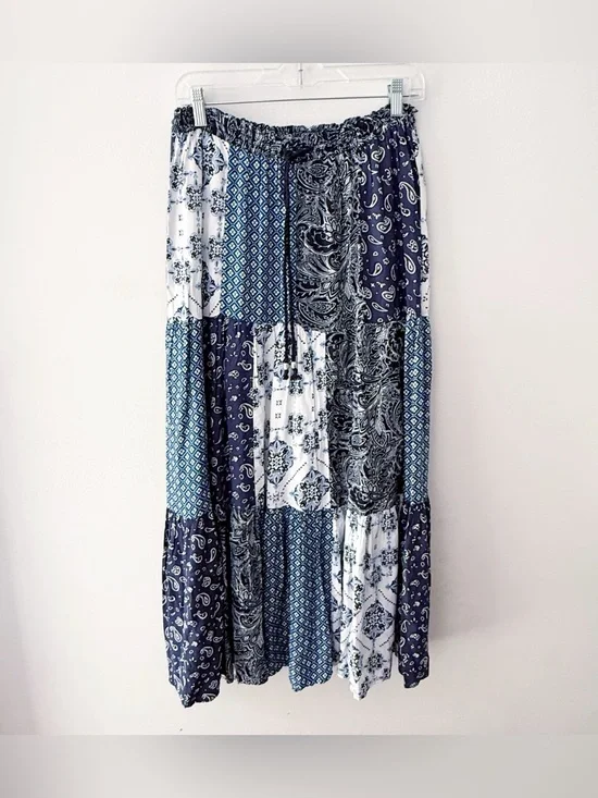 Style & Co Women Blue Floral Patchwork Tiered Maxi Skirt Small Boho Beach Coast
