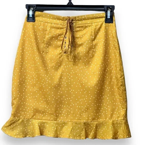 Revolve By The Way Esme Polka Dot Yellow Ruffle Mini Skirt XXS Lace Up Front