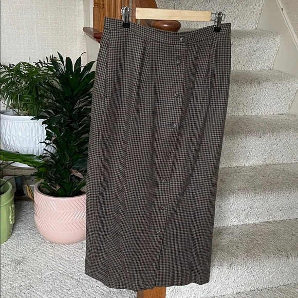 Vintage Country Shop Classic Brown Houndstooth Wool Lambswool Maxi Skirt