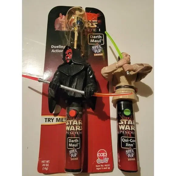 1999 Hasbro Star Wars: Episode I Darth Maul Qui Gon Jinn Spin Pop Candy Vintage