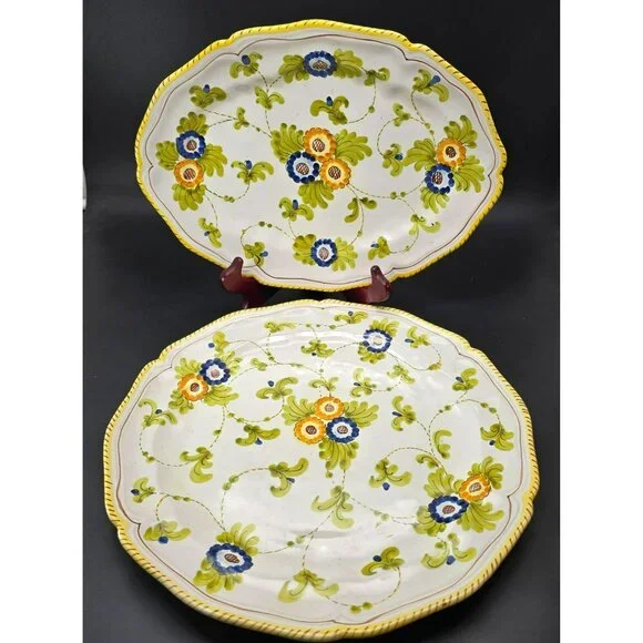 Vintage Hand-Painted Ceramic Serving Plates Floral Set Of Two Signed CM2203