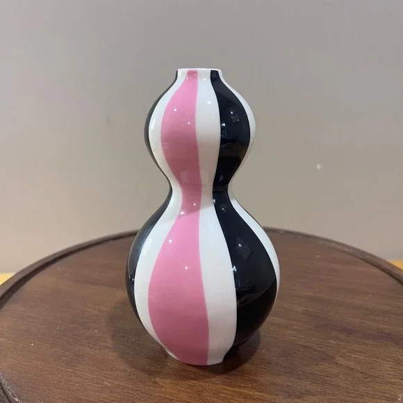 Jonathan Adler Barbie Bud Vase Pink Black White Striped Mod Gourd Porcelain 5.5