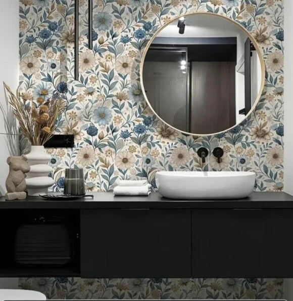 New 2 Rolls of Floral Blue and Beige Peel-and-Stick Wallpaper #1467-1565