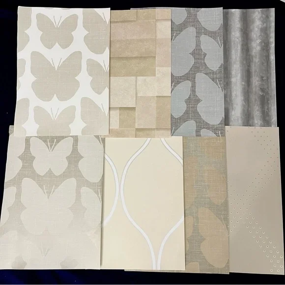 8 Assorted Neutral Butterfly and Geometric Arts & Crafts Wallpaper Sample Sheets