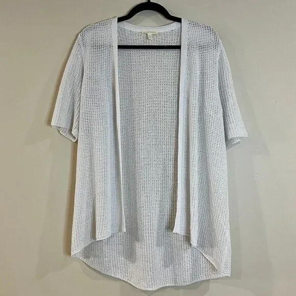 Eileen Fisher Organic Linen Open Knit White Short Sleeve Cardigan Lightweight M