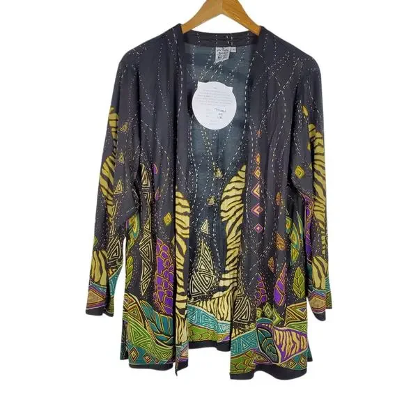 NEW Parsley & Sage Open Front Geometric Print Cardigan Black Multi Artsy L/XL