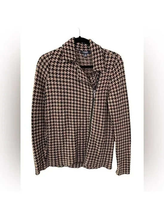 Chaps Women’s Sweater Jacket Houndstooth Brown Black Collared Zip Size: Medium