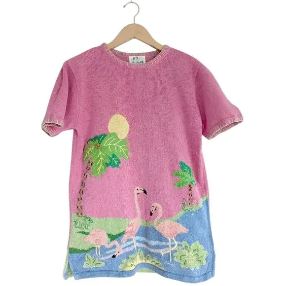 Quacker Factory Flamingo Tropical Novelty Embroidered Knit Top Pink Blue Small S