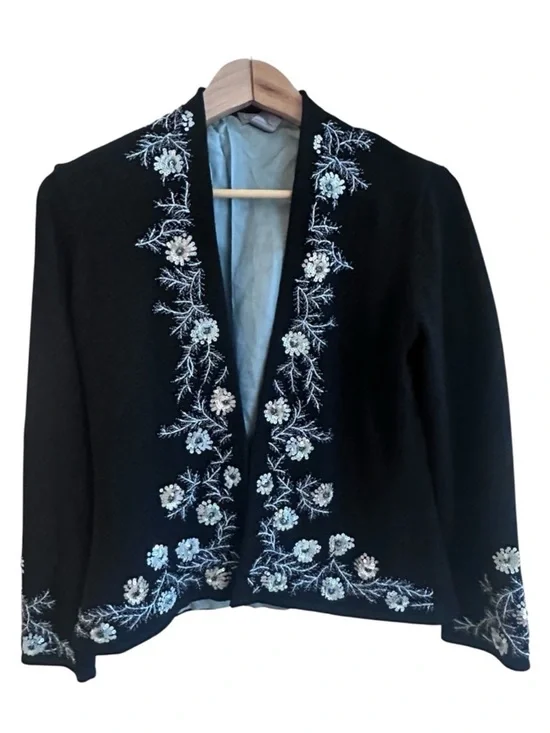 Sigrid Olsen Floral Parisian Party Beaded Sequin Cardigan Sweater Black Size SP