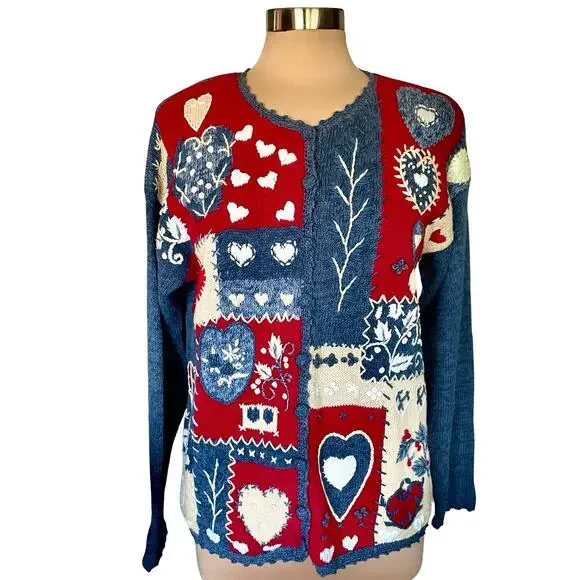 Heirloom Collection Vintage 90s Y2K Patchwork Cardigan SMALL Cottagecore Hearts