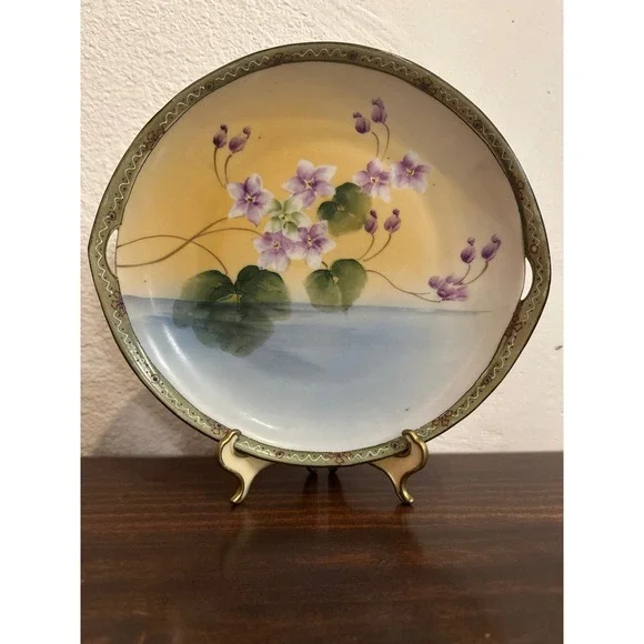Antique Hand Painted Porcelain Cabinet Plate‎ Violet Floral Gold Trim Handles