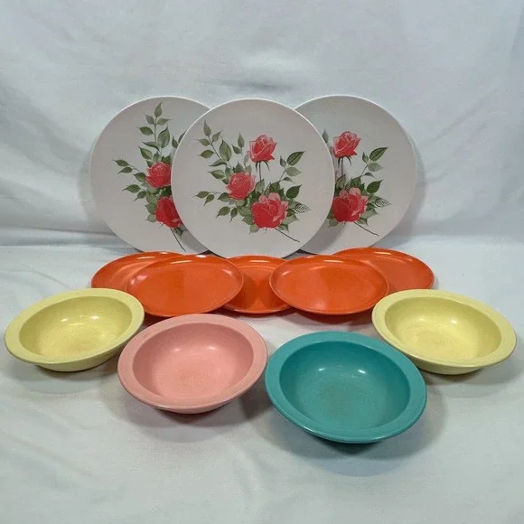 Vintage Dish Set Bowl Plate Melamine PROLON Ware Melmac MCM 1950s 1960s Floral