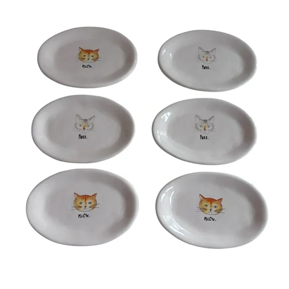 Rae Dunn Artesian Collection Meow Cat Face Oval Plate x 6