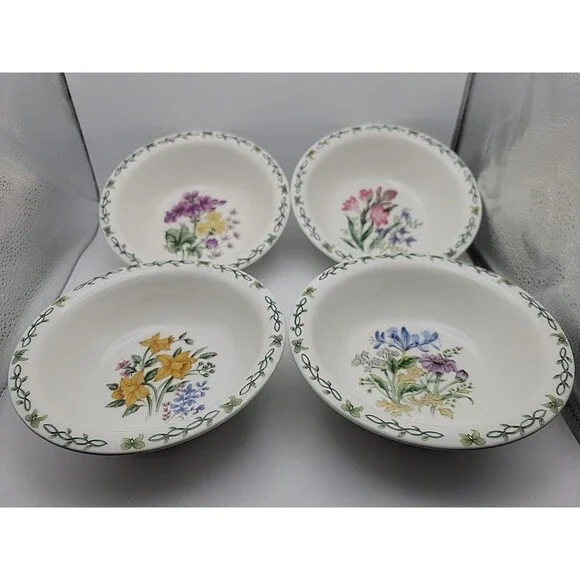 Retired Thompson Pottery Floral Garden Salad/Cereal/Soup Bowl ~ 7”  Set of 4