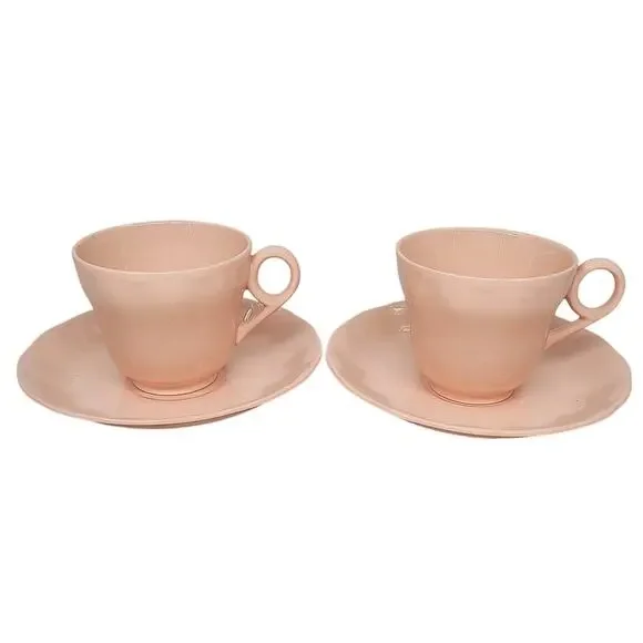 Grindley Peach Petal Pink Teacups Saucers Set of‎ 2 Vintage Wavy Rim China 3-5