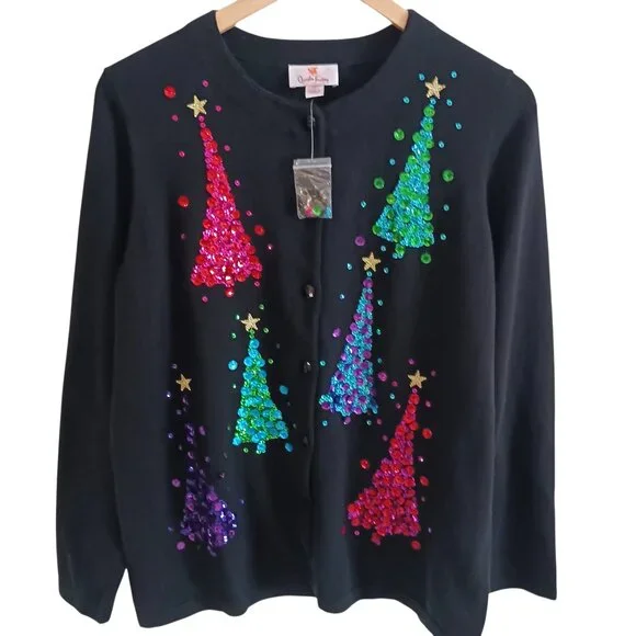 Quaker Factory NWOT Black Christmas Cardigan W/ Multi Color Sequins, Size Med.