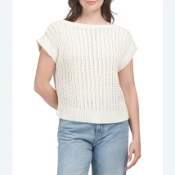 NWOT Frye Boat Neck Fisherman Cap Sleeve Open Knit Pullover Sweater Size M