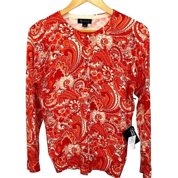 SISTERS sz Small Cardigan Long Sleeves Paisley Orange White NWT