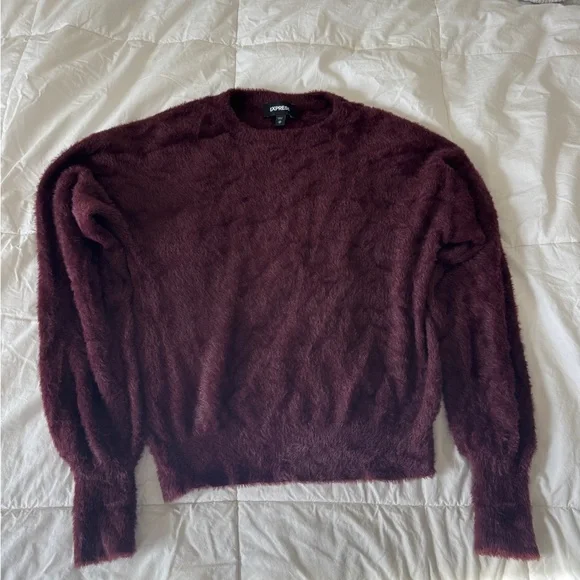 Express Burgundy Fuzzy Faux Fur Sweater XS Bateau Neck Long Sleeve Soft Cozy