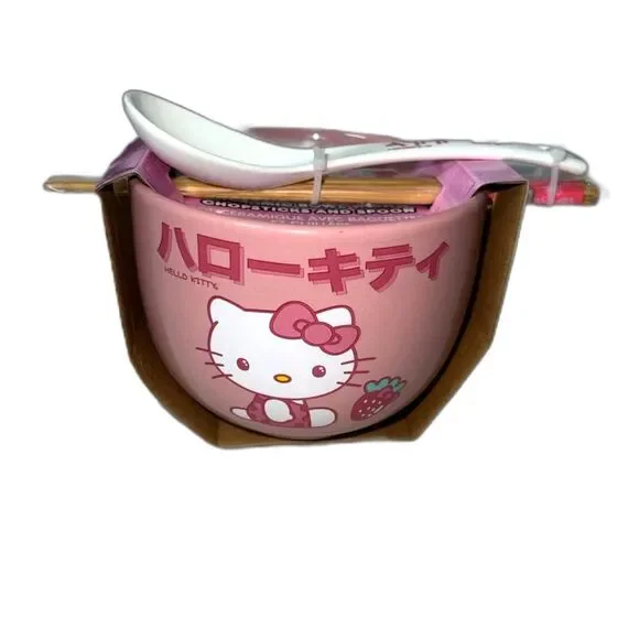Hello Kitty By Sanrio Ceramic Noodles Bowl with Chopsticks & Spoon 20oz BrandNew