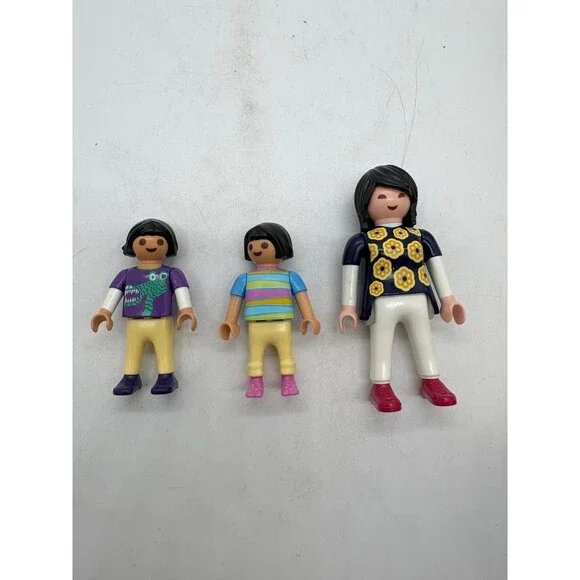 Playmobil Family Figure Lot Woman in Flower Top & 2 Children Dino/Striped Shirt