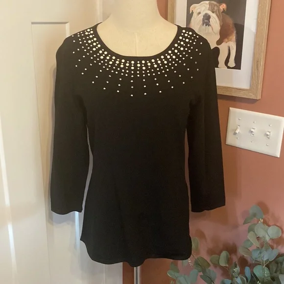 NWT White House Black Market Faux Pearl sparkle Neck LP pullover black sweater