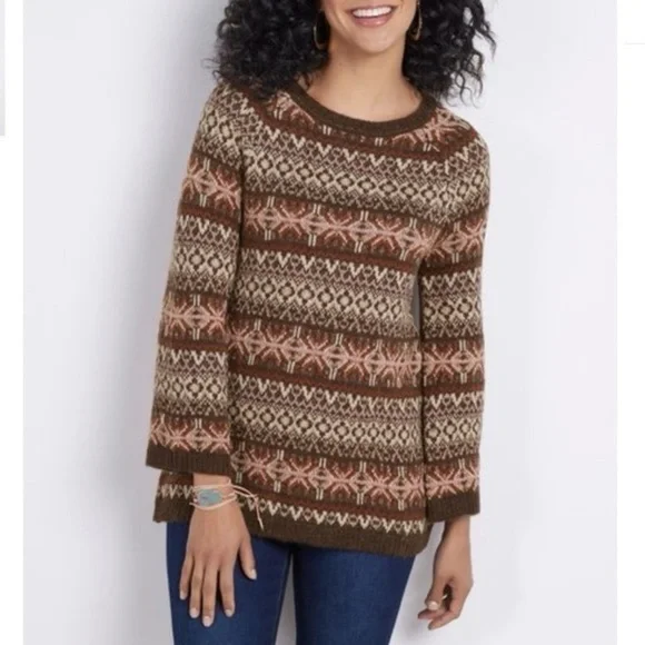 Soft Surroundings Wool Julietta Fairisle Sweater in Coffee Bean Size xl