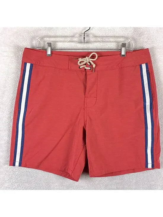 Faherty Board Shorts Men 34 Coral Pink White Stripe Retro Drawstring Preppy Surf
